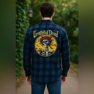 Grateful Dead Flannel Shirt Large Blue Black Buffalo Plaid Skull & Roses Graphic